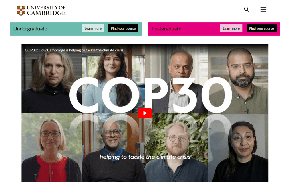 A photo of a video link on the Cambridge University Website homepage. The video is about COP30.